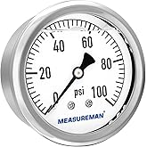 MEASUREMAN 2-1/2" Dial Size, Glycerin Filled Plumbing Pressure Gauge, 0-100psi, Stainless Steel Case, 1/4" NPT Back Mount
