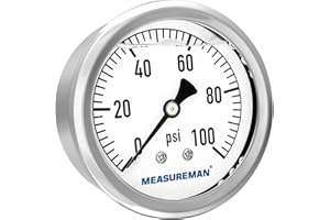 MEASUREMAN 2-1/2" Dial Size, Glycerin Filled Plumbing Pressure Gauge, 0-100psi, Stainless Steel Case, 1/4" NPT Back Mount