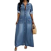 Women's Casual Denim Dress Long Sleeve Lapel Button Down Maxi Jean Shirt Dresses