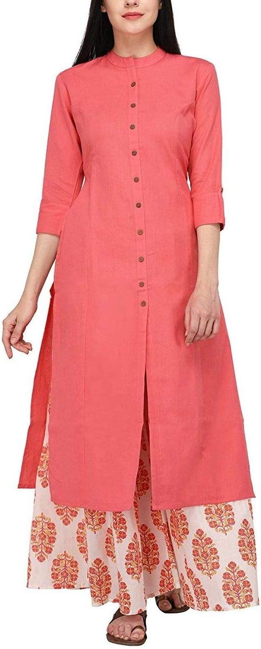 Women's Pure Cotton Plain Tunic Top Front Slit 3/4 Sleeves Roll-UP Chinese Neck Buttons Down Pocket Long Kurti Kurta