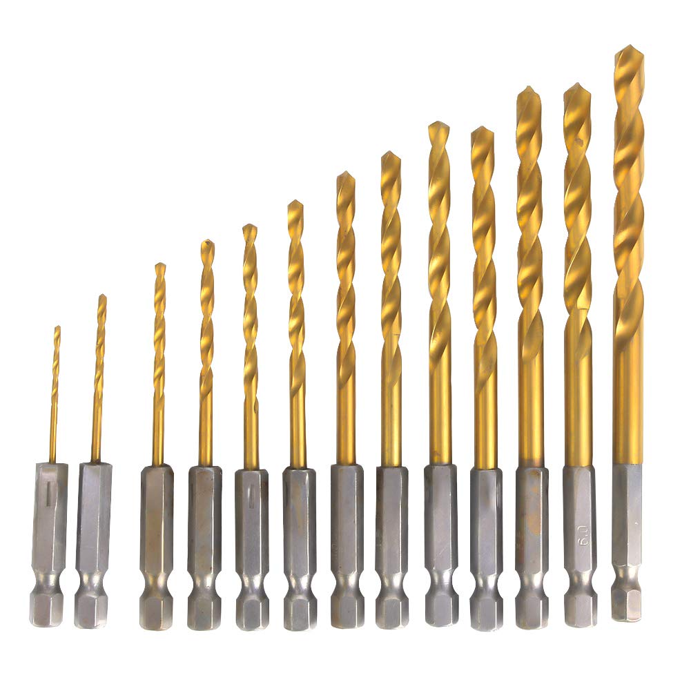ZAWELIYO 13pcs 1/4" Hex Shank HSS Drill Bit Set (1.5-6.5mm), High-Speed Steel Twist Bits for Wood, Metal, Plastic, Compatible with Impact/Drill Drivers