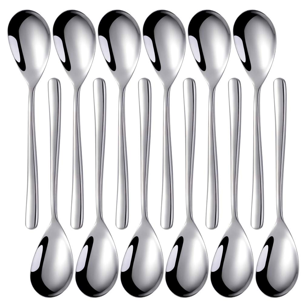 SUNSENGEUR 12 Piece Stainless Steel Dinner Spoon Set - Heavy Duty and Mirror Polishing, 8 Inches,Ideal for Wedding Festival Party Home Kitchen, Dishwasher Safe- Silver