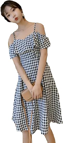 Amazon Co Jp Aozuoキャミワンピース レディース 夏 チェック柄 膝丈ワンピース ハイウエスト肩出し ゆったり ワンピース チュニック 半袖 エレガント ワンピース 体型カバー パーティー 服 ファッション小物