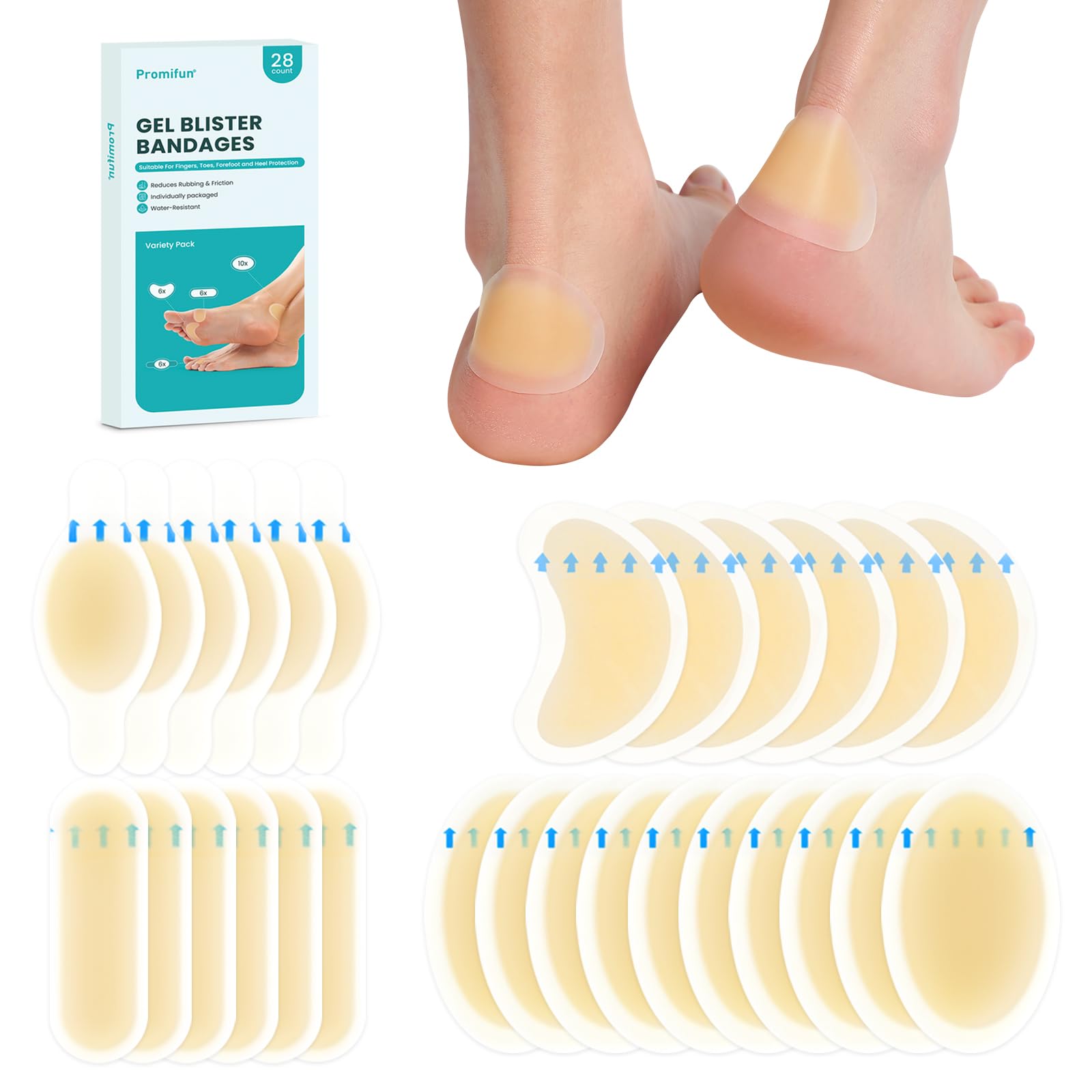 Photo 1 of * factory sealed *
Promifun Blister Pads - 28 ct Water Resistant Hydrocolloid Bandages for Foot, Toe, Heel - Gel Blister Cushions for Prevention & Recovery, Variety Pack