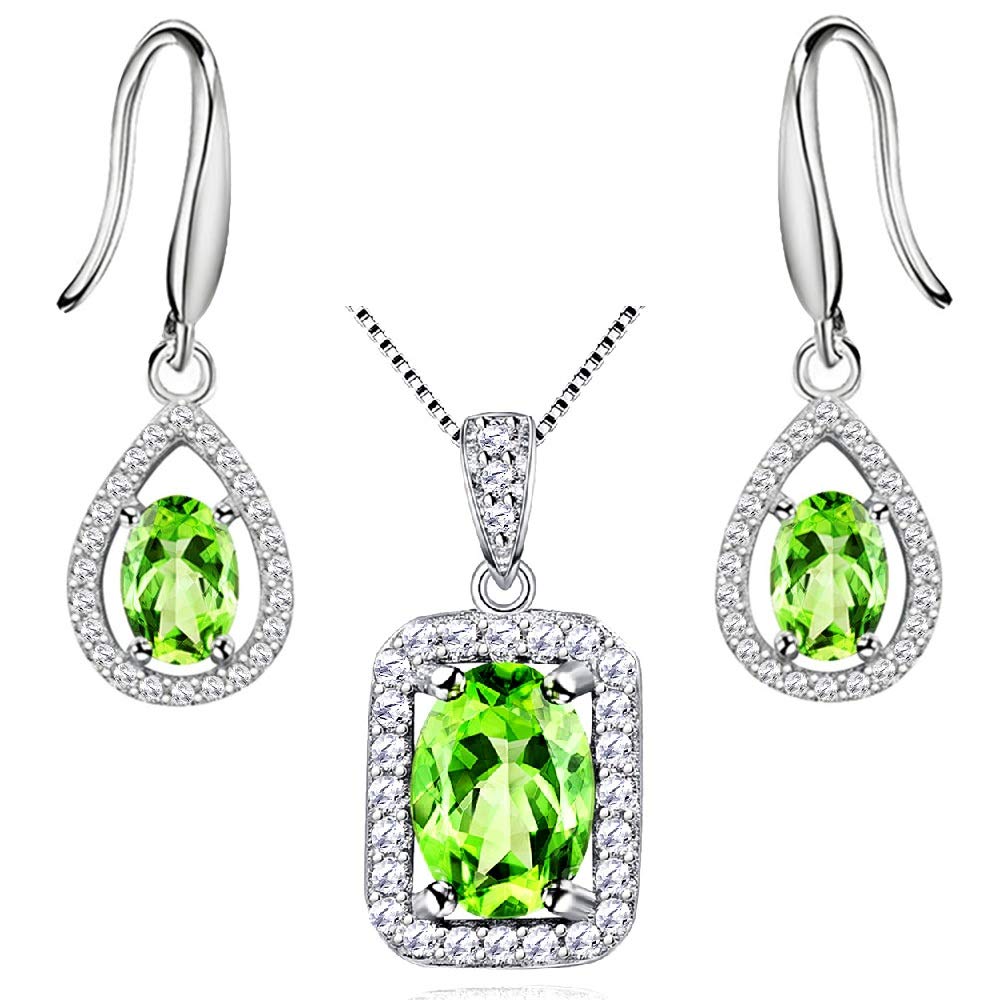 Uloveido Womens Green Peridot Sterling Silver 925 Wedding Anniversry Pendant Necklace and Dangle Teardrop Earrings Jewellery Set for Women Bridal Friend Mom FT001