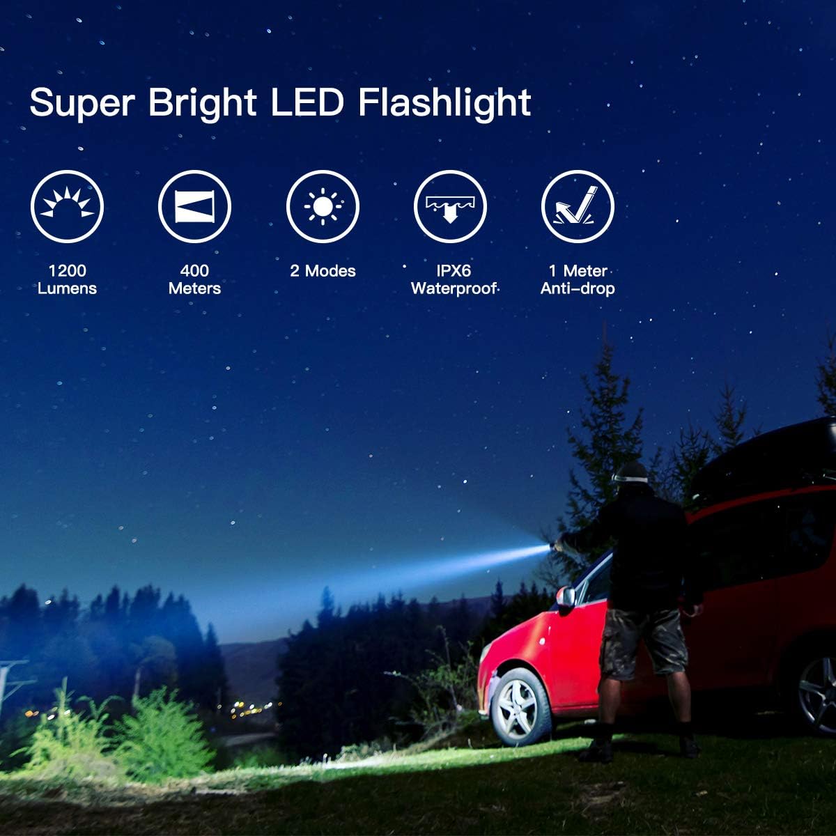 USB Rechargeable LED Flashlight (2 PACK) 1200 High Lumens Water Resistant 18650 Battery Included Handheld Tactical Flash Light for Outdoor Camping Emergency Everyday Flashlights - - 