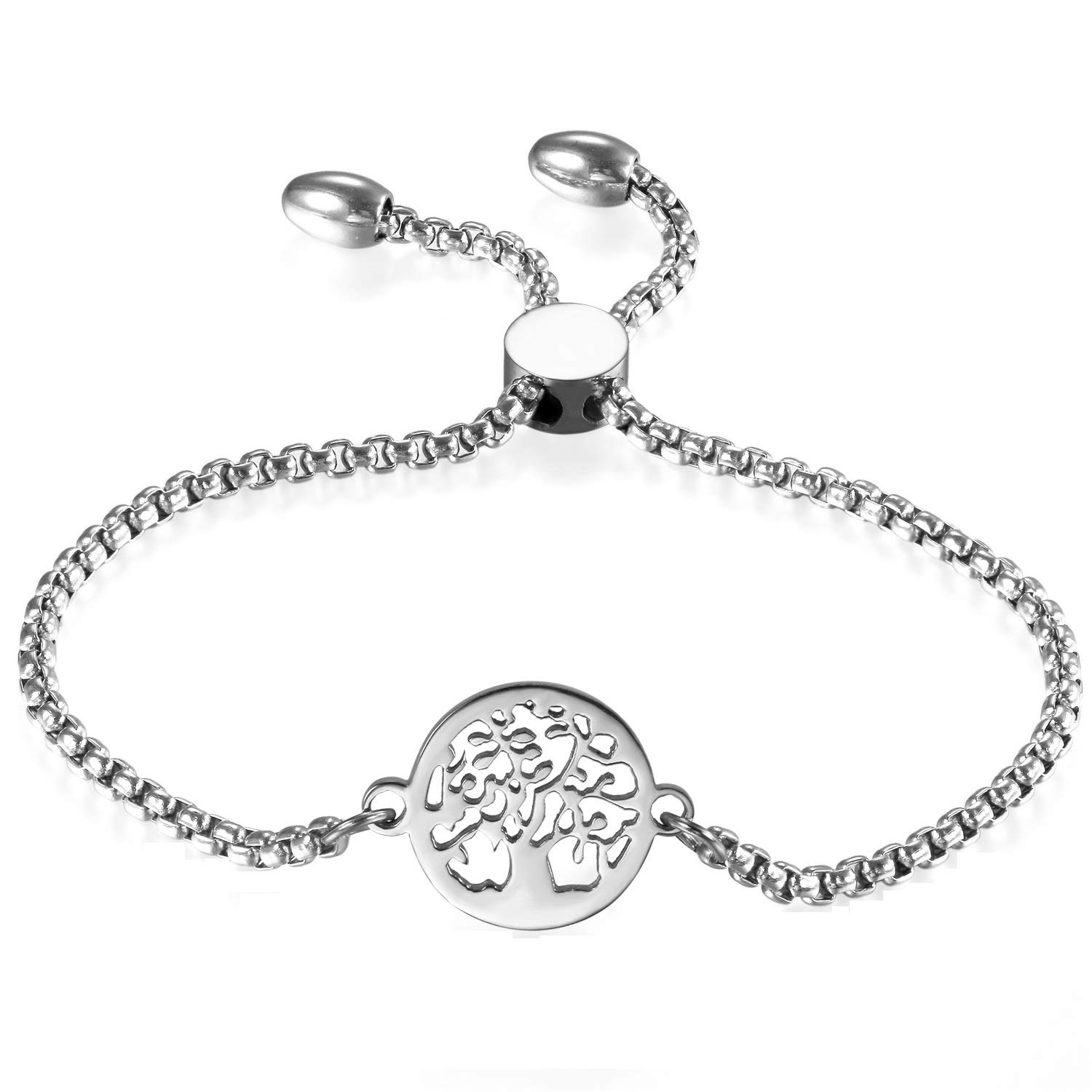 Cupimatch Women Adjustable Bracelet, Stainless Steel Charm Bracelet Link Chain 8.8" (silver, tree)