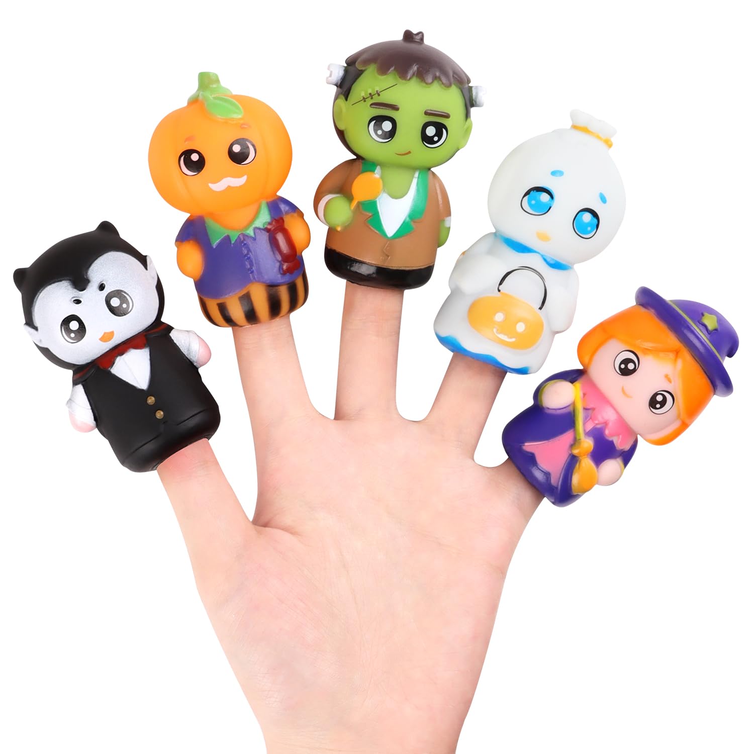 Photo 1 of CCINEE 5pcs Halloween Finger Puppets Set for Kids, Tiny Rubber Witch Snowman Puppets Figures Toys Assortment for Toddlers Schools Summer Halloween Party Favors