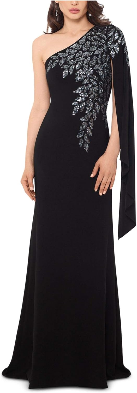 Xscape Womens Black Embellished Sleeveless Asymmetrical Neckline Full