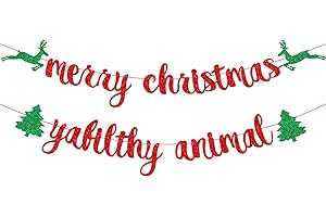 DENEO Red Glittery Merry Christmas Banner, Merry Christmas Ya Filthy Animal Banner, Christmas Party Holiday, Ugly Sweater Christmas Party Decorations, Christmas Dinner, Mantle Home Decor,Xmas Sign Decor