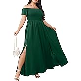 RWJ Womens Plus Size Wedding Guest Dress Summer Off Shoulder Short Sleeve Party Cocktail A-Line Split Long Maxi Dresses