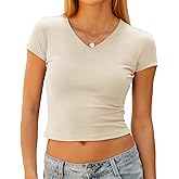 Mousnipy Women's Basic V Neck Short Sleeve T Shirts Summer Cute Baby Tee Slim Fit Cotton Tops