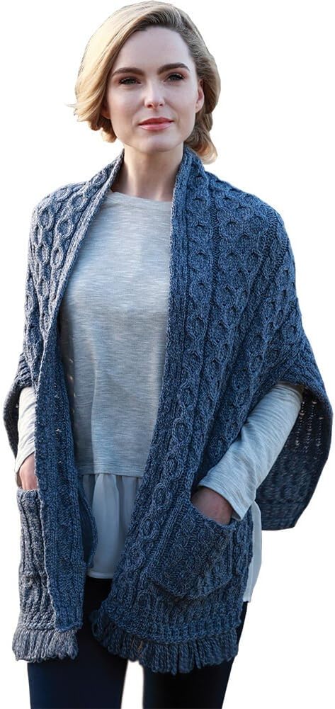 Carraig DonnLadies Merino Wool Wrap, with Pockets, Made in Ireland, 100% Pure Irish Wool, Blue