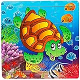 Bearstar Wooden Jigsaw Puzzle with Storage Tray for 2 to 4 Years Old Kids, Set of 3 (16-Pieces Ocean Animals)