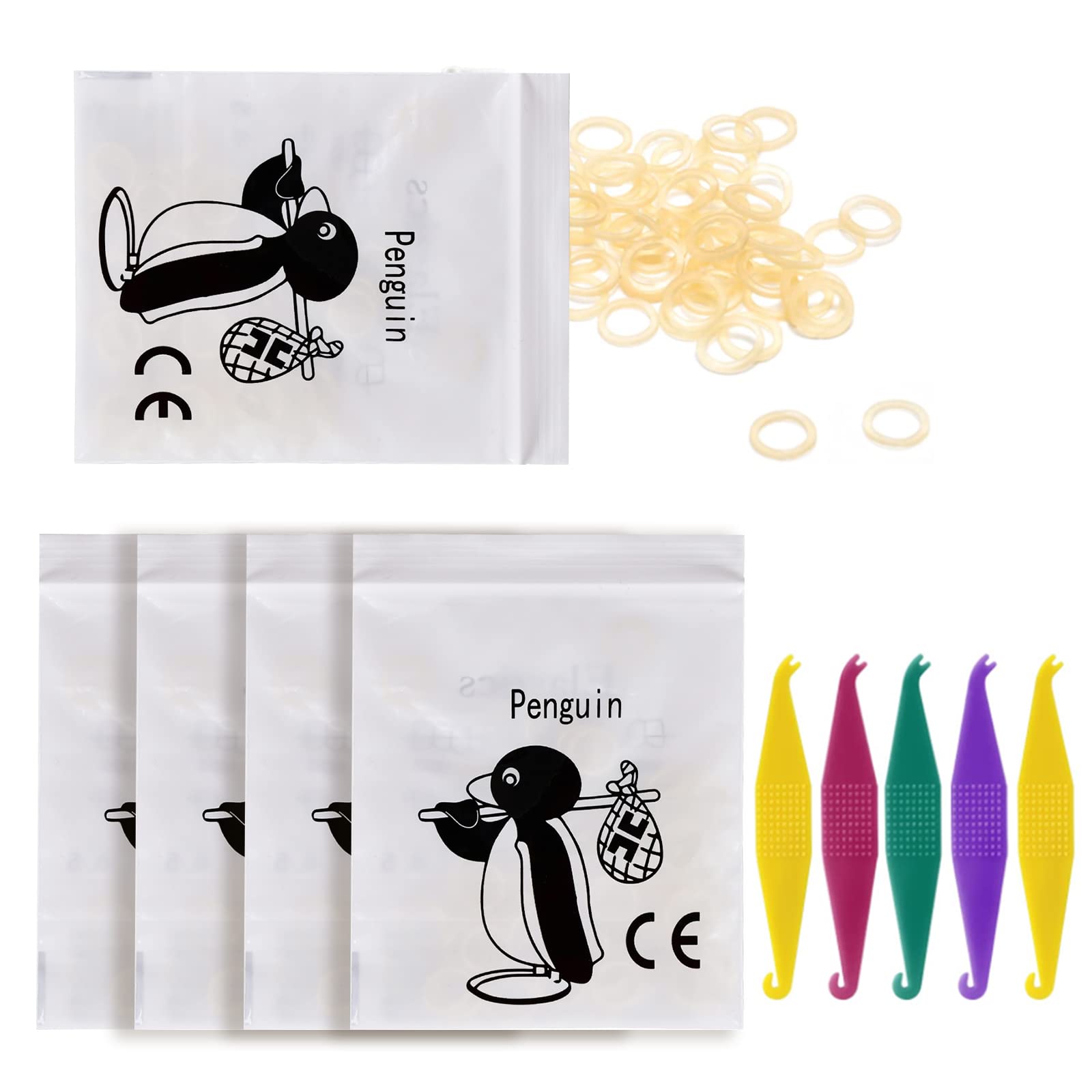 Orthodontic Elastic Rubber Bands and Placers, 500 Pcs Dental Rubber Traction Bands, 5 Pcs Elastic Placer for Braces (5/16",Penguin)