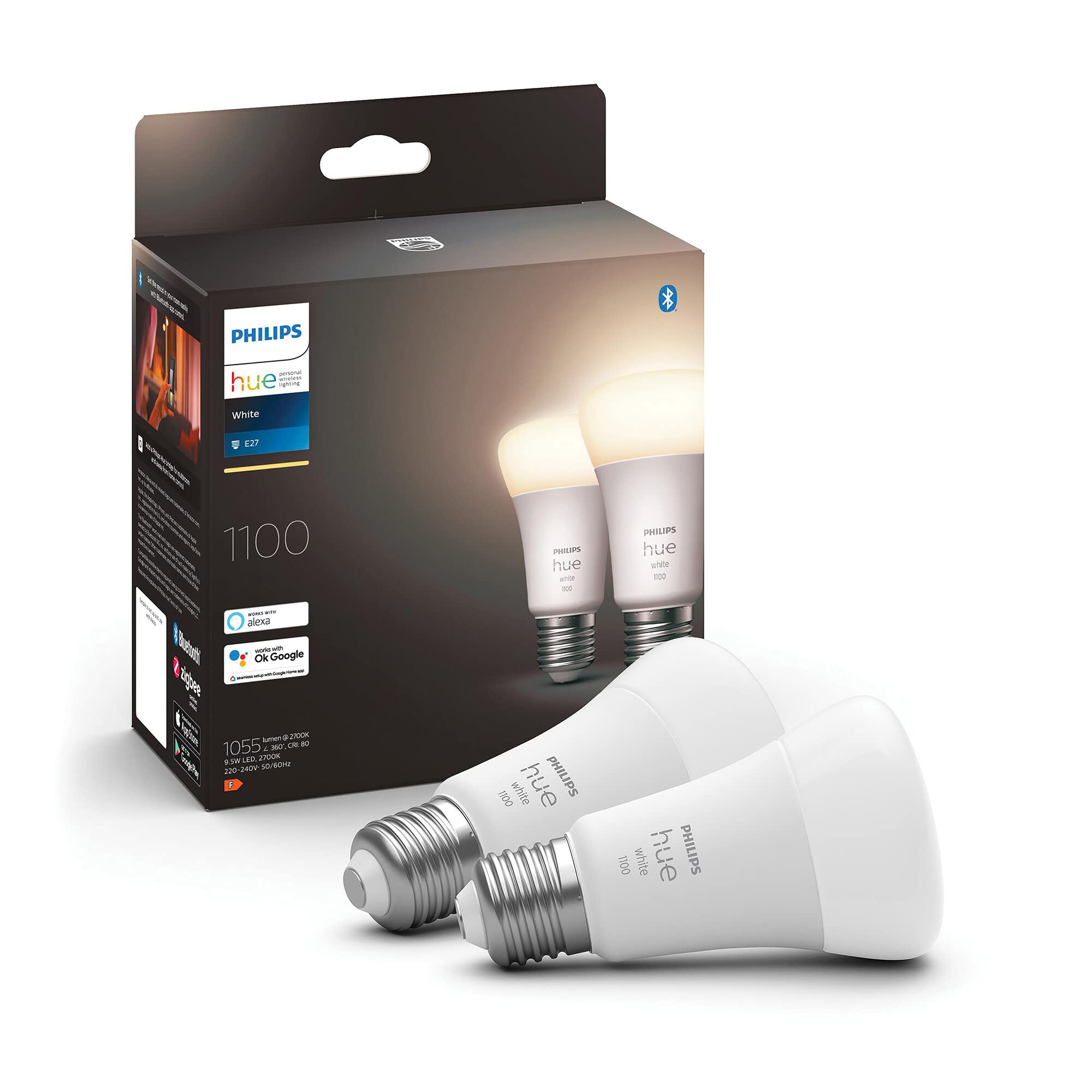 Philips Hue New White Smart Light Bulb 75W - 1100 Lumen 2 Pack [E27 Edison Screw] with Bluetooth. Works with Alexa, Google Assistant, Apple Homekit. for Indoor Home Lighting, Livingroom and Bedroom.