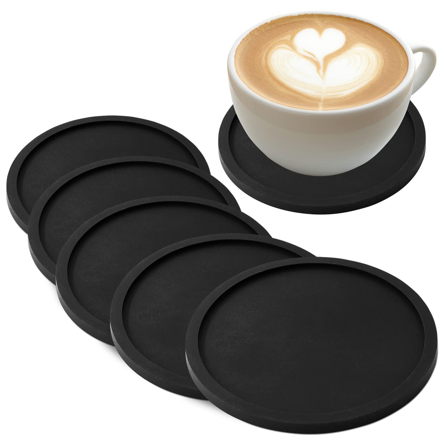 Joeji's Kitchen Black coasters set of 8 - Round Mug Drink Silicone Coasters for Drinks - Non Slip Beer Bar Mats for Coffee Mugs, Wine Glass, Beer and Bottles…