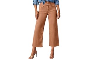Allimy Women's High Waisted Straight Ankle Wide Leg Ripped Jeans Frayed Hem Stretchy Capri Denim Pants
