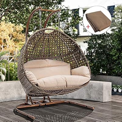 2 Person Swing Chair with Stand, X-Large Wicker Rattan Hanging Egg Chair Loveseat Chair with Cushion and Cover for… 61yUEZ9oG2L. SS400