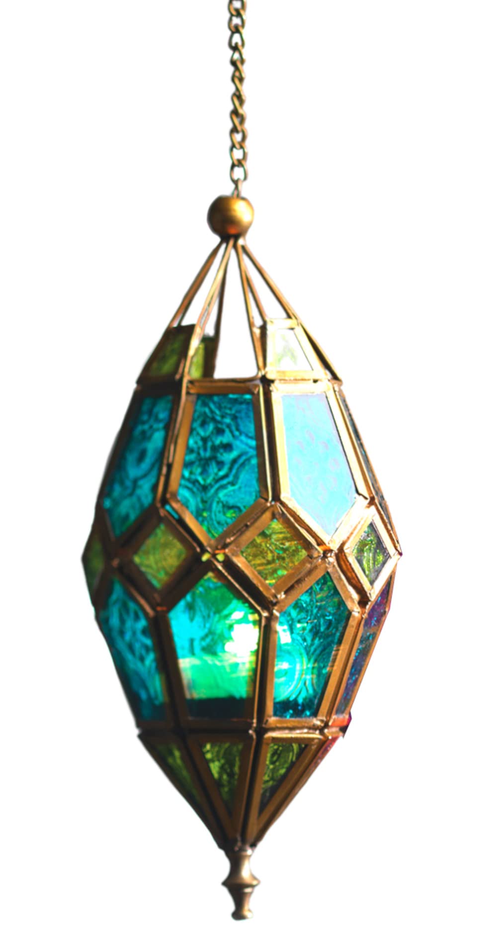 Moroccan Style Hanging Glass Tealight Lantern (Medium Green/Blue)