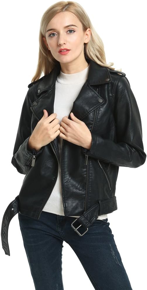 SECOND COLOR Ladies Basic Leather Jacket, Cute Casual Pink Full Cut Short Motorcycle Leather Moto Biker Jacket Slim Fit Coat,Black