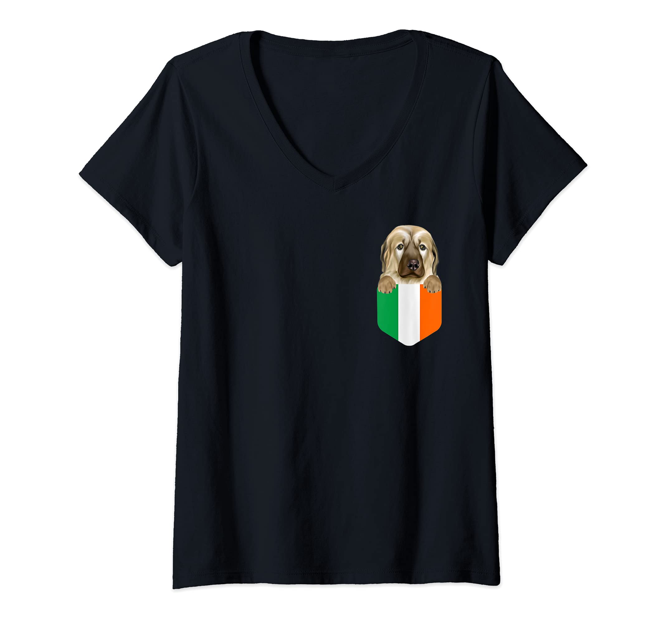Womens Ireland Flag Anatolian Shepherd Dog Dog In Pocket V-Neck T-Shirt