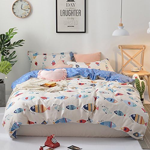 Kids Boys Queen Duvet Cover Set 3 Piece Cartoon Fish Print Cotton Bedding Set Reversible Geometric Plaid Bedding Collection for Children Girls Lightweight Soft Summer Duvet Comforter Cover Set
