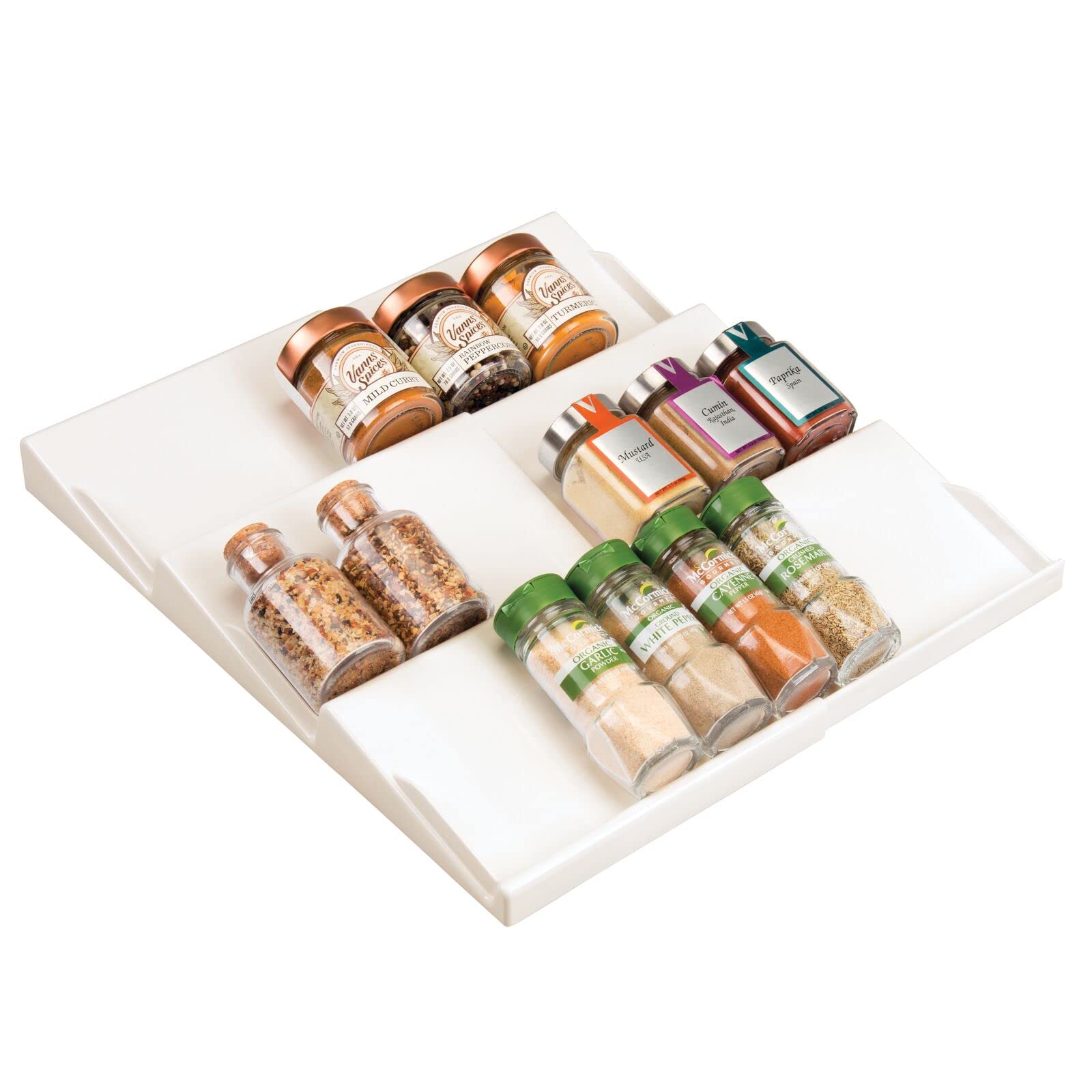 mDesign Seasoning and Spice Rack – Expandable Spice Storage – 3-Tiered Drawer Organiser for Kitchen, Bathroom and Office – Cream