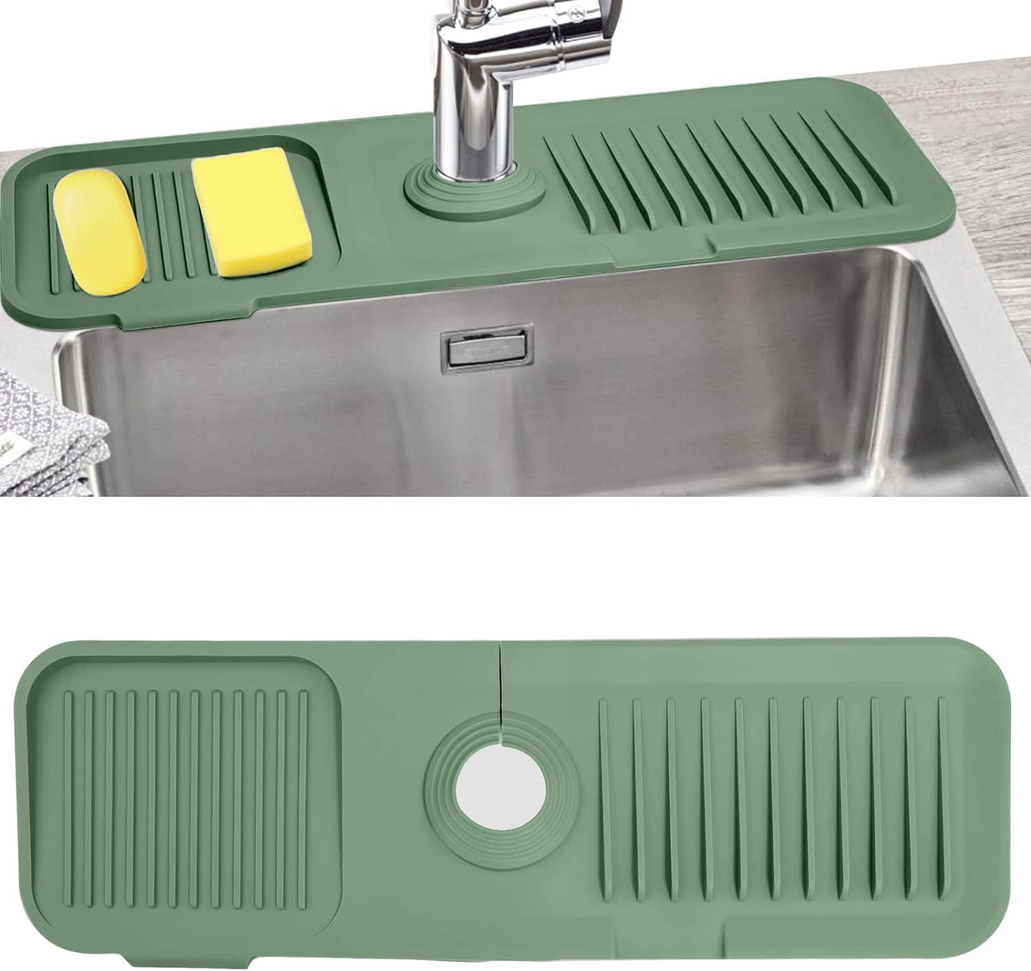 Sink Splash Guard, Silicone Sink Faucet Mat Sink Accessories Faucet Absorbent Mat for Kitchen, Bathroom, Sink Sponge Holder (Green)