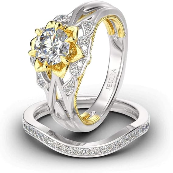 Amazon Jeulia 2カラット フラワーエンゲージメントリングセット 女性用 14kゴールドメッキ 結婚指輪 ラウンドカット キュービックジルコニア リング Cz ソリティア 婚約指輪 シルバー リング 通販