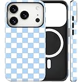 flewfun Magnetic for iPhone 17 Pro Max Case Cute Checkered Phone Case, Shockproof Slim TPU and Hard PC Protective Phone Cover Compatible with MagSafe Designed for Women Girls Gift, Blue