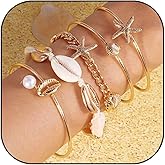 TACBSP Gold Shell Starfish Bracelet for Women Seashell Pearl Stack Bracelet Boho Starfish Beach Cuff Bracelets Trendy Summer Surfer Ocean Beach Jewelry Gift