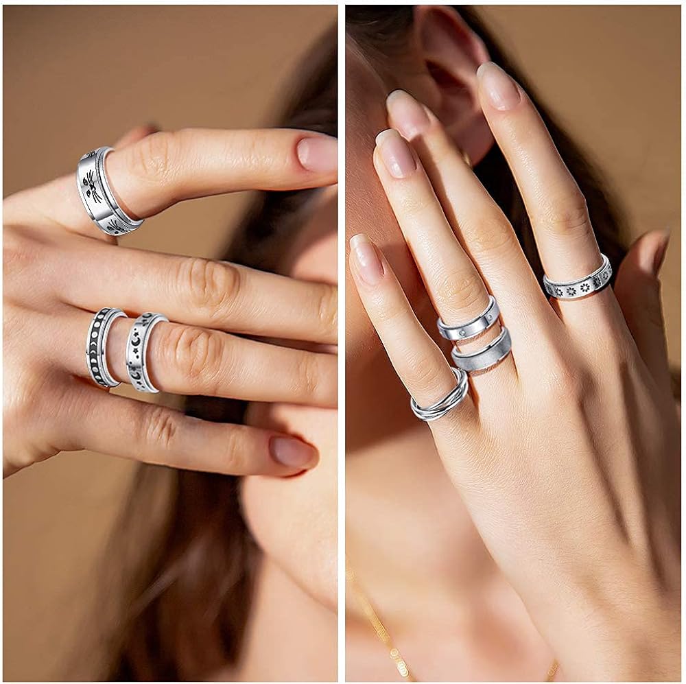WFYOU 8Pcs Stainless Steel Fidget Rings for Women Men Anxiety Rings Moon Star Matching Rings Cuban Link Chain Ring Flower Cat Spinner Band Rings Set: Jewelry