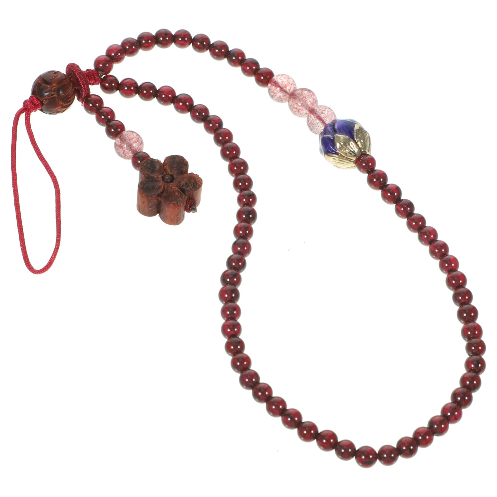 Hemobllo Beaded Phone Charm - Garnet Beaded Phone Lanyard with Flower Pendant Charms Chinese Style Wrist Strap Bead Chain for ID Badge Holder Keychain