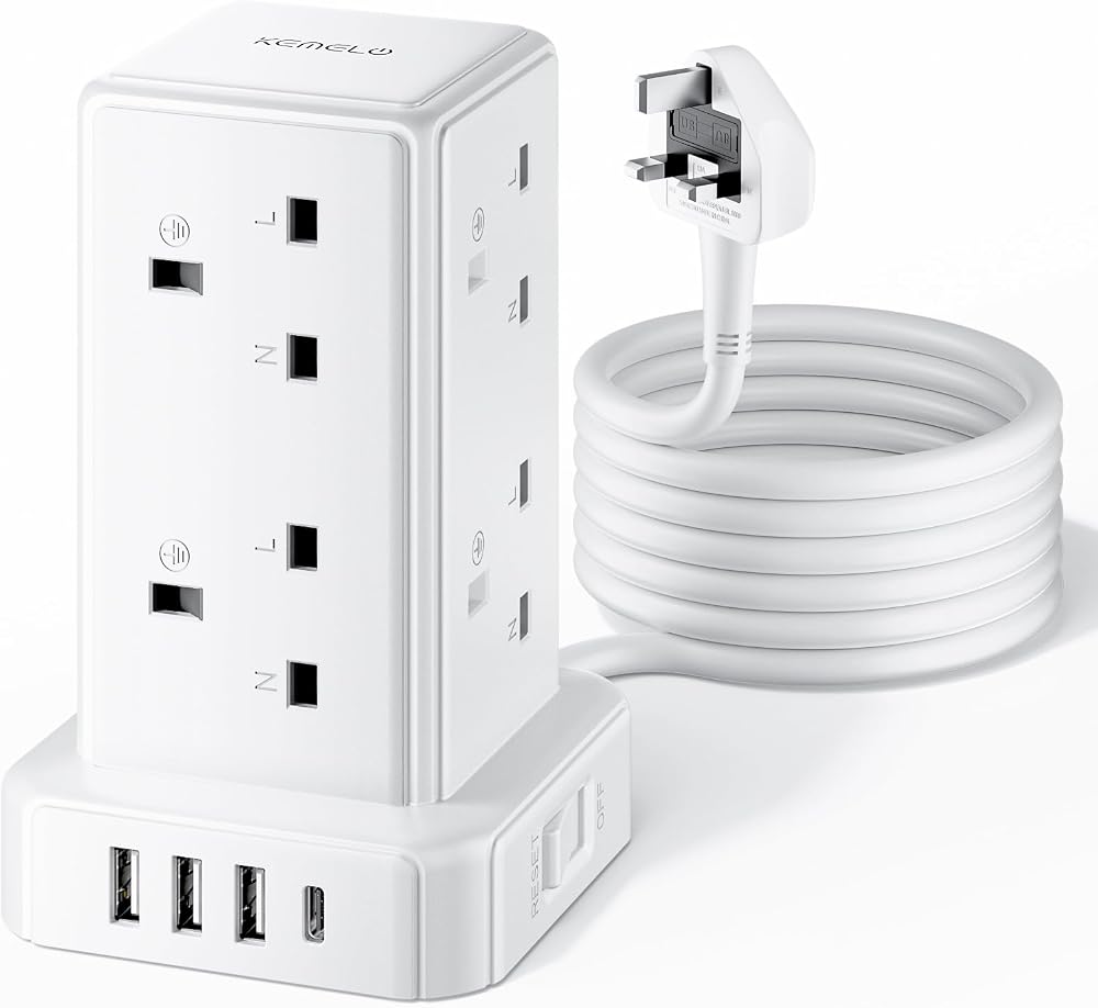 Kemelo 12-in-1 Tower Extension Lead 8 AC Outlets 4 USB Ports 5M Surge Protection