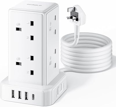 Kemelo 12-in-1 Tower Extension Lead 8 AC Outlets 4 USB Ports 5M Surge Protection