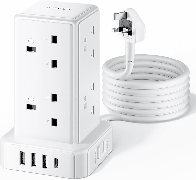 Kemelo 12-in-1 Tower Extension Lead 8 AC Outlets 4 USB Ports 5M Surge Protection