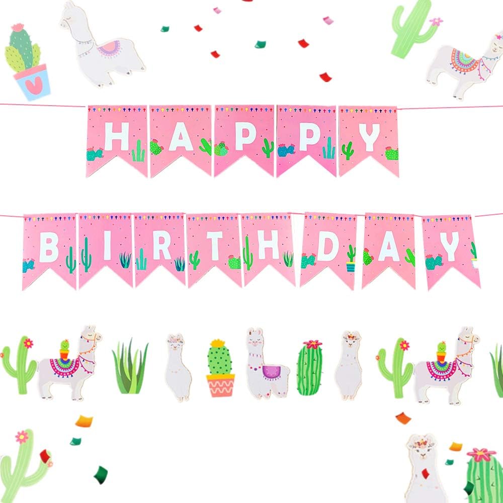 LaVenty Set of 2 Llama Happy Birthday Banner Cactus Banner Fiesta Party Decoration Mexican themed Party Supplies Kid Llama Photo Background