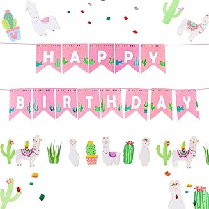 LaVenty Set of 2 Llama Happy Birthday Banner Cactus Banner Fiesta Party Decoration Mexican themed Party Supplies Kid Llama Photo Background