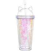 Hemoton Cat Ear Shape Double-Walled Sequin Tumbler 14Oz with Straw Lid Stylish Reusable Water Cup for Home Office School