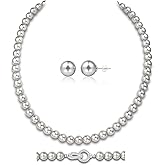 MAPLEDIARY Pearl Necklace 18 inch and Pearl Earrings Studs, Lustrous Gorgeous Imitated Silver/White Pearls Jewelry Set For Women