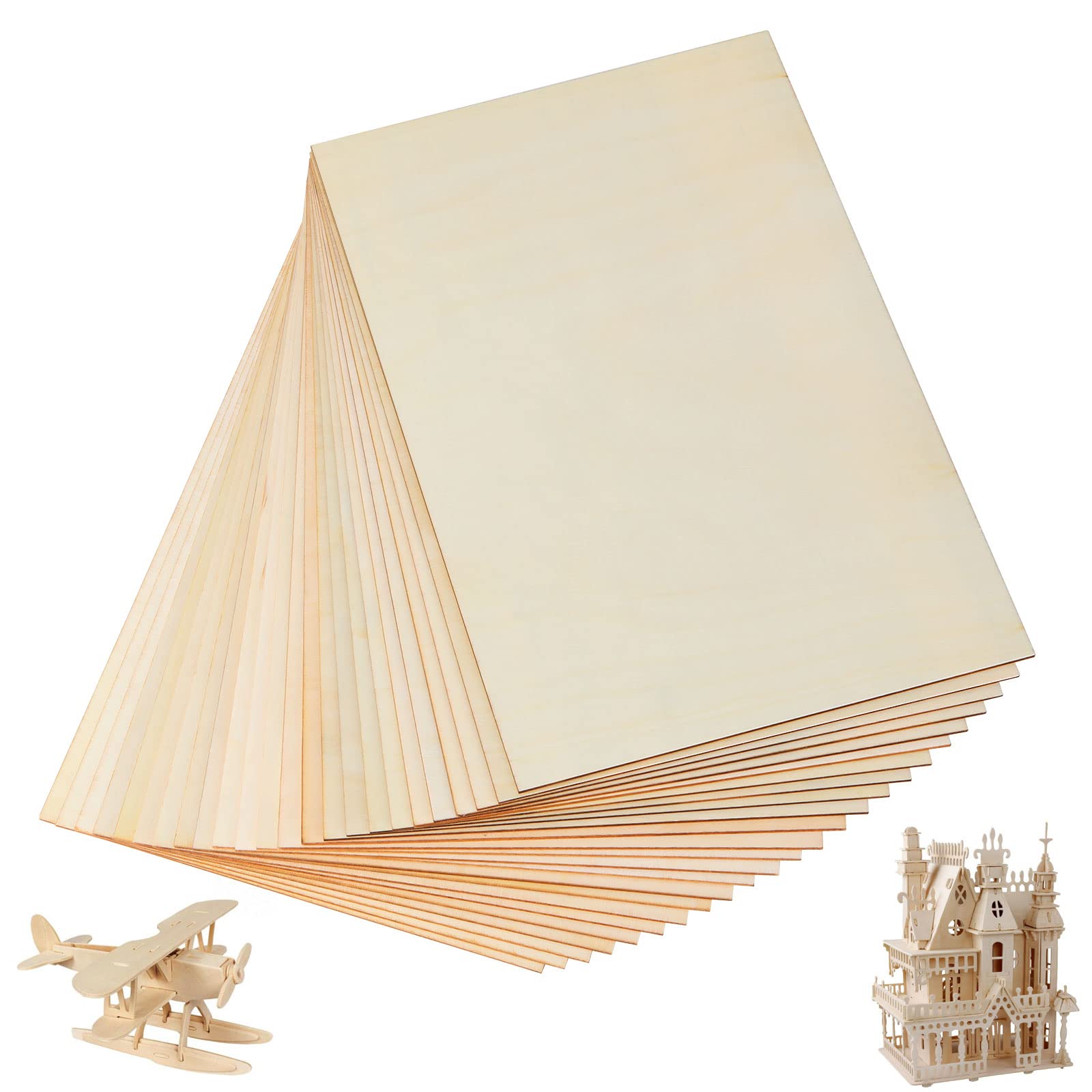 YOUNTHYE 24PCS Unfinished Plywood Sheets, 300x200x2mm Balsa Wood Sheets, Rectangular A4 Wood Sheets for Wood Craft Painting Engraved Model Making Projects
