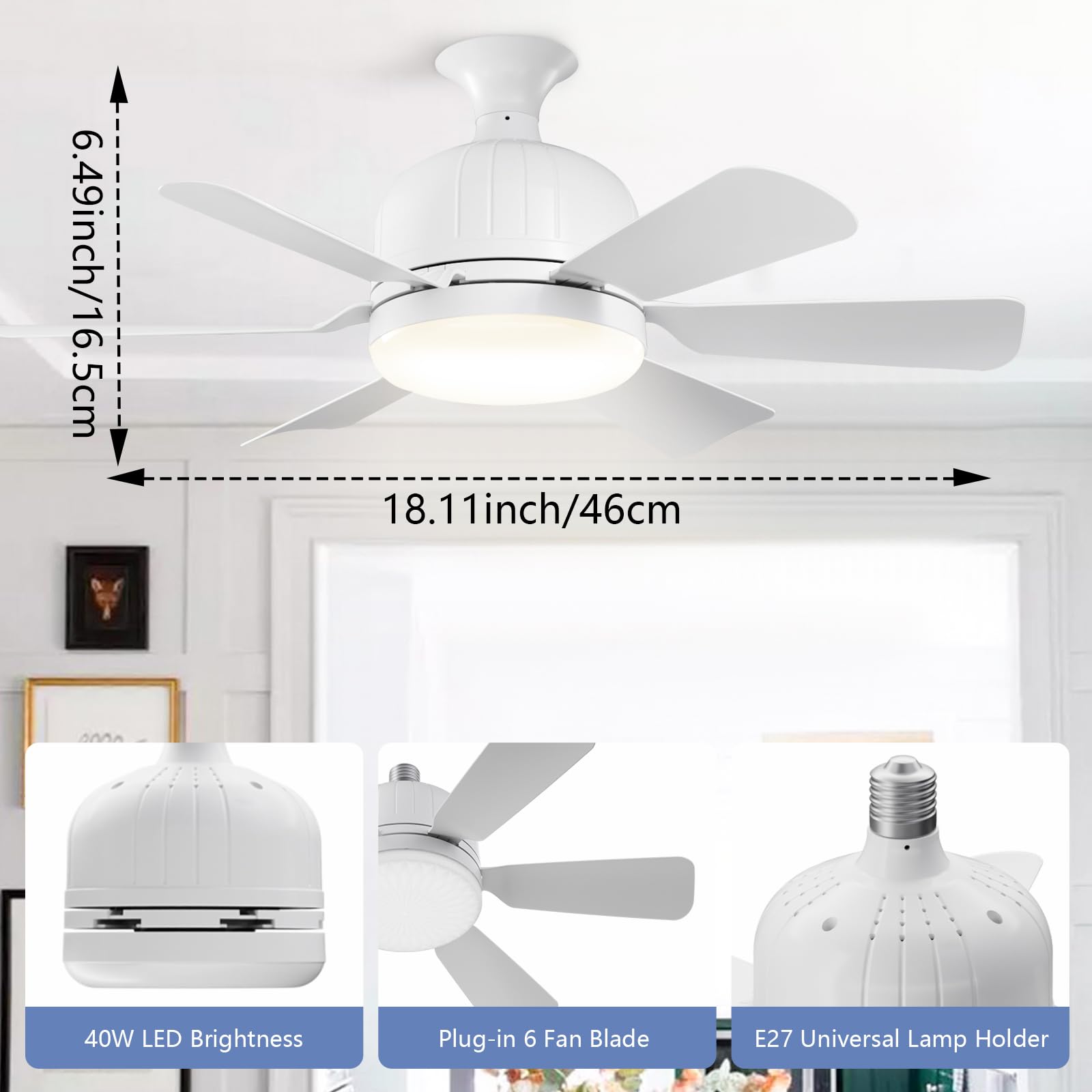 MeoYlaery E27 Ceiling Fan with Light and Remote,LED Ceiling Fans Dimmable,46cm Light Bulb Fan,Ceiling Fans Lamp, 3 Speeds 3 Colors,Ceiling Fan Light for Bedroom.Base Included