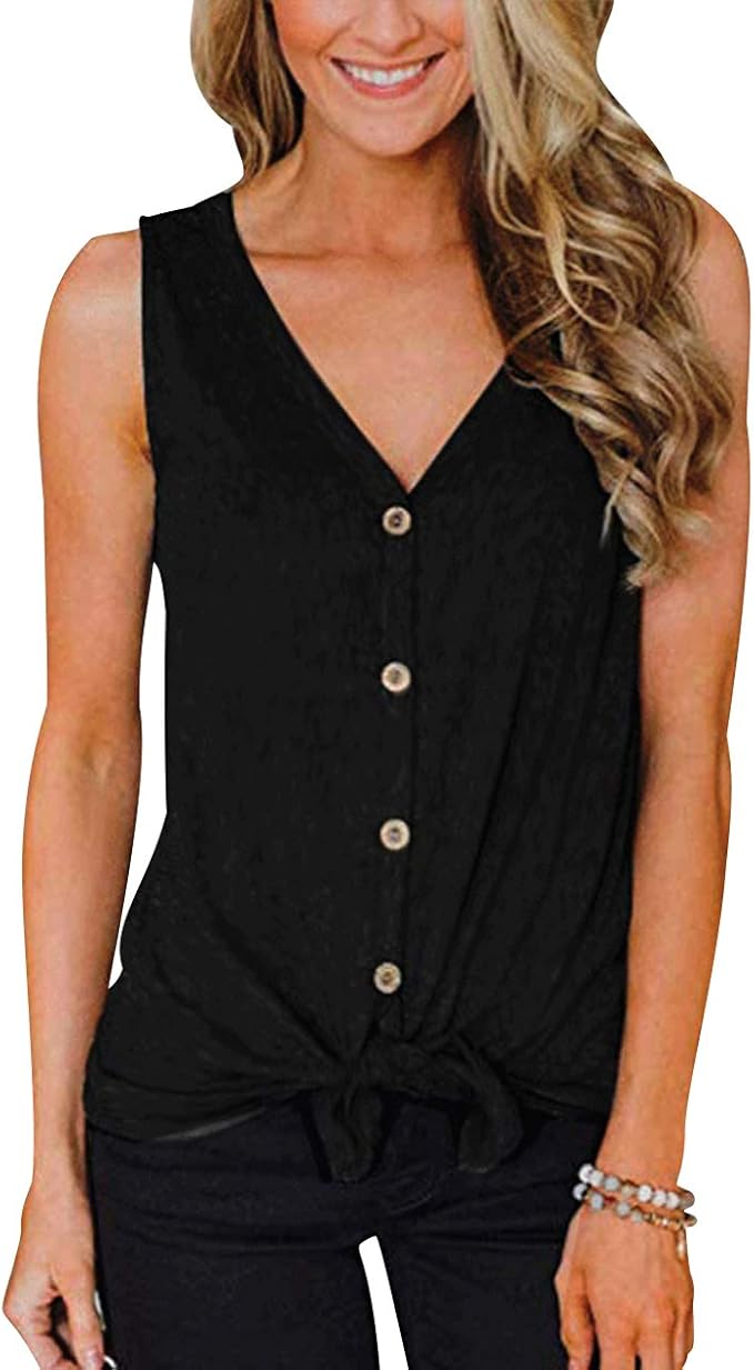 Ladies V Neck Sleeveless Tops Button Up Tank Tops for Women Sleeveless ...