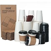 KAWALLO 100 Pack Paper Coffee Cups Set, 12oz White Disposable Cups with Black Lids, Sleeves, and Stirrers, Hot/Cold Drinks Cup for Home, Travel, Office, and Party.