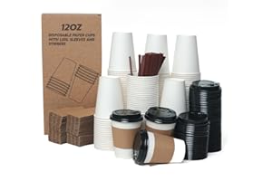 KAWALLO Disposable Paper Coffee Cups Set, 12oz, 100 Pack, White, for Hot and Cold Beverages (KAWALLO Disposable Paper Coffee 
