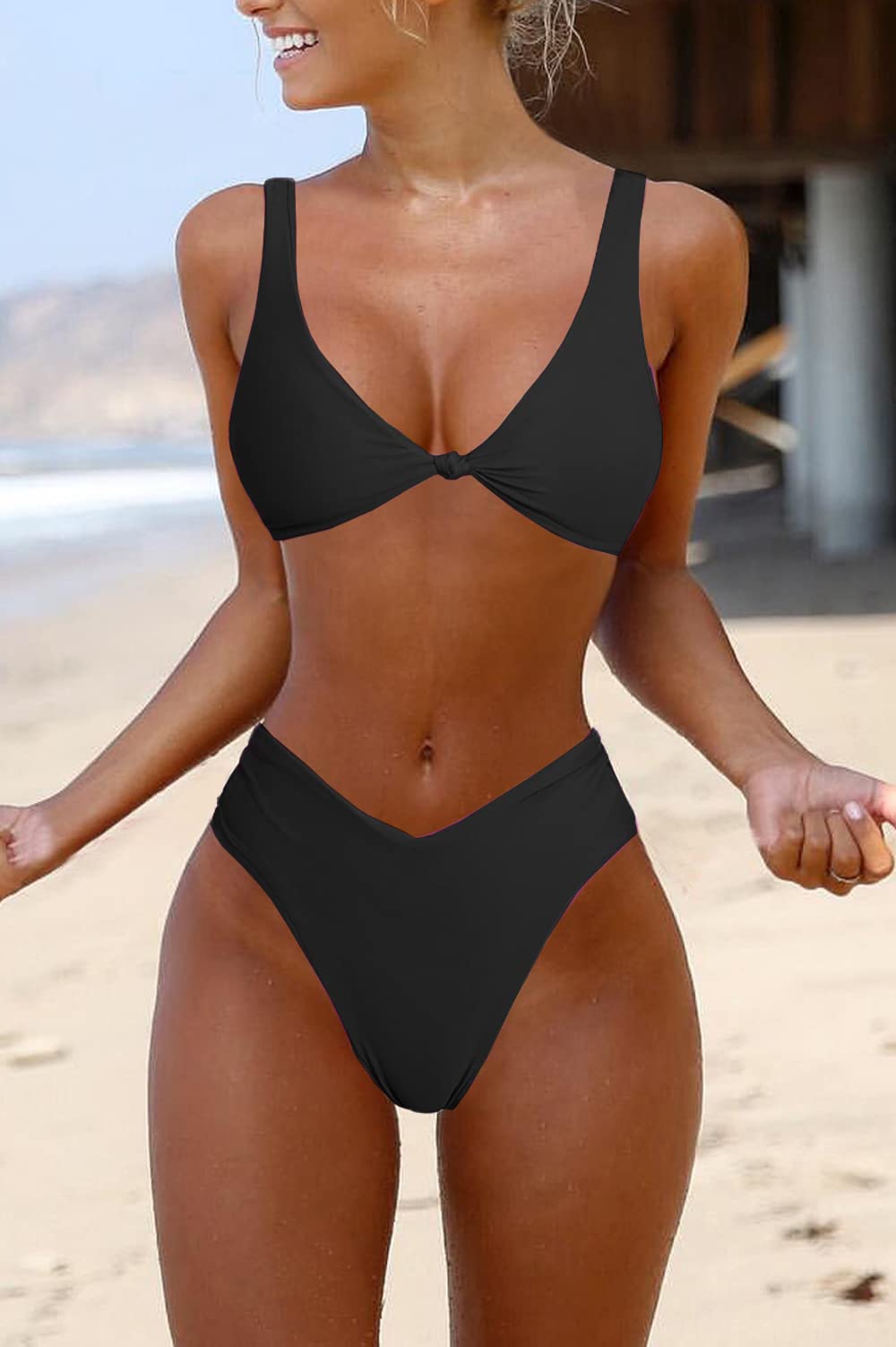 geluboao Womens Black Bikini Set High Waisted V Neck Swimsuit Sexy Kont Front Push Up Cheeky Brazilian Cut Thong Two Piece Bathing Suit M - Image 8