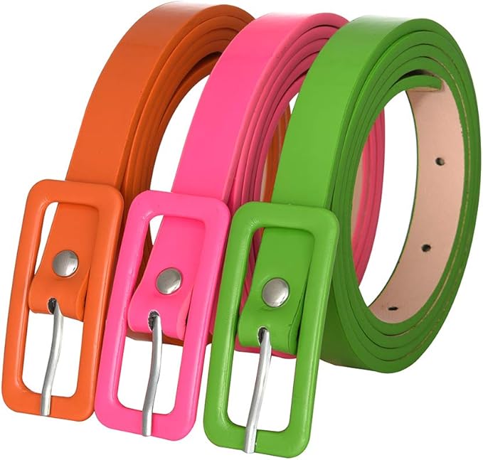 Vintage Wide Belts, Cinch Belts, Skinny 50s Belts Womens 3 Pack 80s Belts Covered Buckle Neon Patent Leatherette Skinny Belt Green Orange Pink Belt  AT vintagedancer.com