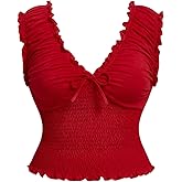Verdusa Women's Plus Size Bow Crop Tank Top Ruffle Shirred Deep V Neck Going Out Tops Summer Vacation Outfits
