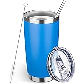 20oz Tumbler Bulk with Lid and Straw, Stainless Steel Double Wall Vacuum Insulated Travel Mug, Powder Coated Coffee Cups for Hot and Cold Drinks,Funny Gifts for Women Men(Scuba blue,1)